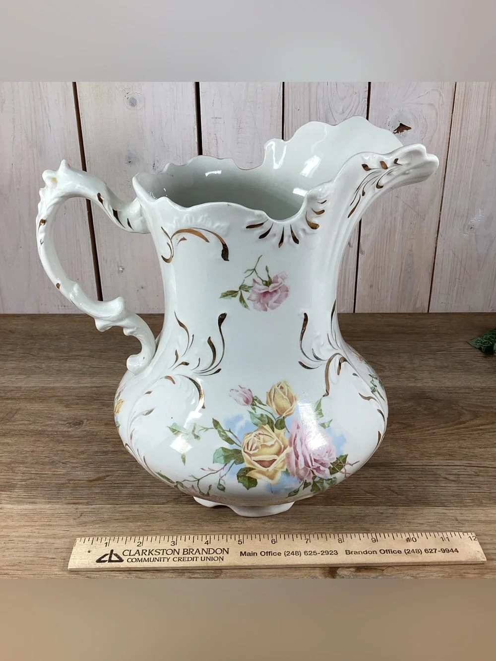 Antique WC Co Semi Porcelain 11” Pitcher Pink & Yellow Roses Gold Leafing Emboss